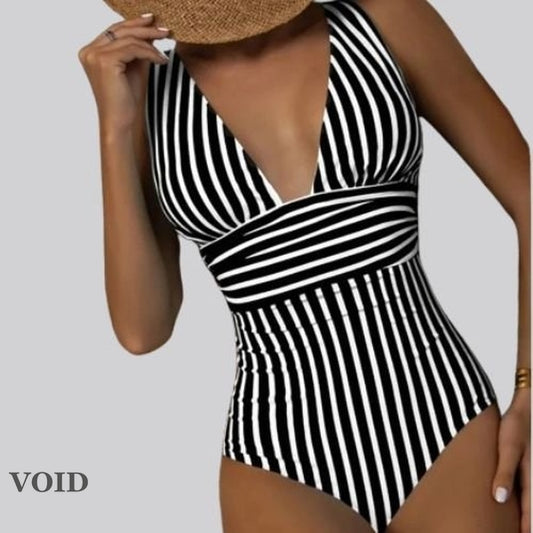 Striped One-Piece Swimsuit With V-Neck - Void Word