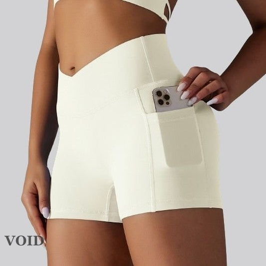 Cross-waist Women's Training Shorts with Cell Phone Pockets - Void Word