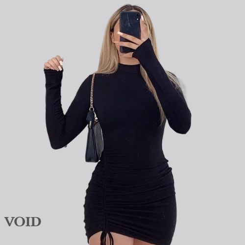 Ruched Turtleneck Bodycon: Long Sleeve Black Mini Dress