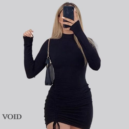Ruched Turtleneck Bodycon: Long Sleeve Black Mini Dress - Void Word